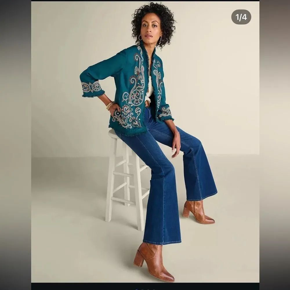 NWT Soft Surroundings Embroidered Open Cardigan Size S Teal Boho Western
